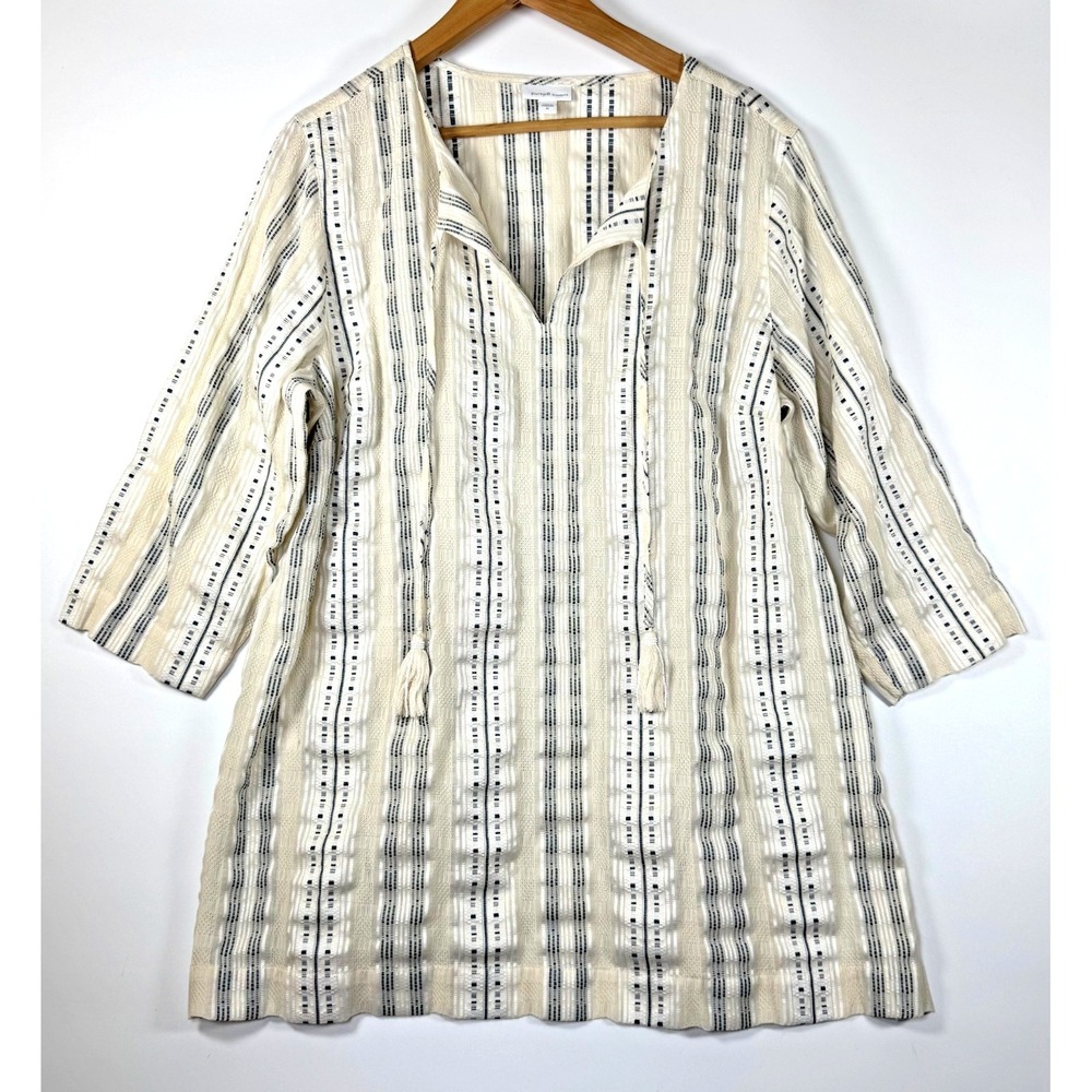 Pure Jill Elements Tunic Top XL Ivory Striped Tassel Textured Beaded Boho Cotton